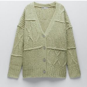 Zara Pistachio Mint Green Jeweled button cardigan Blogger’s favorite Small